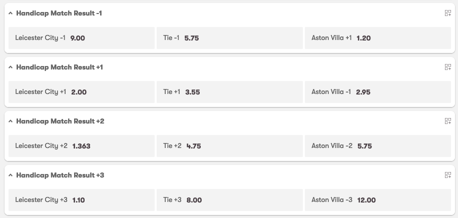 10Bet Leicester City v Aston Villa European Handicaps screenshot